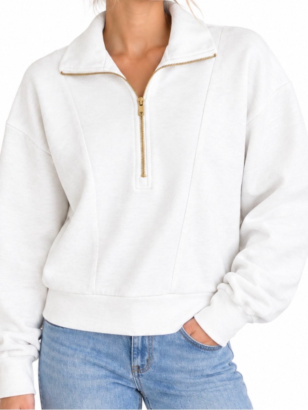 Anrabess White Ribbed Half Zip Pullover Women's S